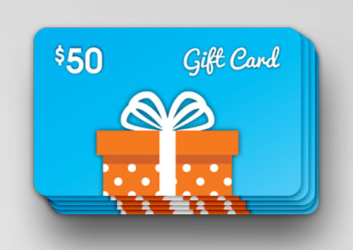 Custom plastic gift cards with $50 denomination — full color printed PVC retail gift cards for restaurants, spas, and retail businesses, credit card size 30 mil, made in USA