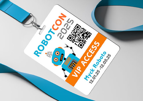 Custom plastic event badge with lanyard — full color printed conference and trade show ID badge with QR code, lanyard hole punch, credit card size 30 mil PVC, made in USA