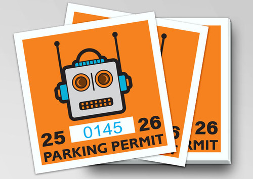 Custom numbered parking permit decals — sequential numbered vinyl decals for parking management, HOA, universities, and commercial properties, printed in USA