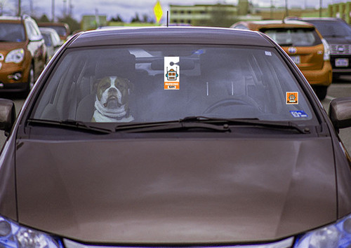 Custom hanging parking pass displayed on car rearview mirror — printed plastic parking permit hang tag for residential, HOA, and event parking management, made in USA