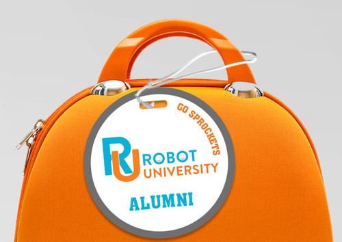 Custom plastic luggage tags for alumni and membership programs — round printed PVC tag attached to travel bag, full color branded design with hole punch, made in USA