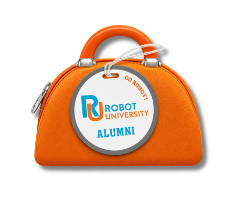 Custom plastic luggage tags for alumni and membership programs — round printed PVC tag attached to travel bag, full color branded design with hole punch, made in USA