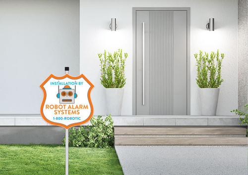 Custom small plastic yard signs installed in residential front yard — full color printed double-sided sign on H-stake, real estate and neighborhood use, made in USA
