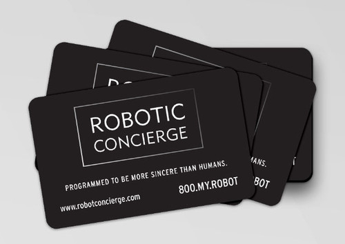 Custom plastic business card printing — premium dark gloss PVC business cards with embossed style finish, credit card size, full color printed in USA
