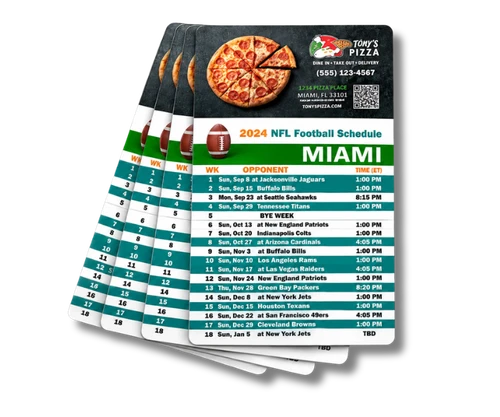 Custom 2026 NFL football schedule magnets — full color printed fridge magnets with weekly game schedule for business promotions, made in USA
