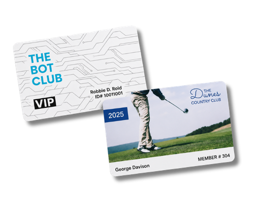 Custom plastic membership cards for associations, clubs, and member groups — full color printed PVC with variable data personalization
