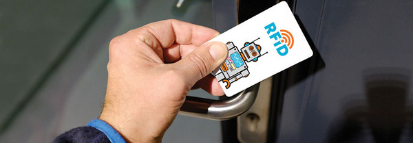 Custom RFID hotel key card being tapped on door lock — contactless plastic access card for hotel room entry, ISO/IEC 14443A compliant, 13.56 MHz, full color printed PVC, made in USA