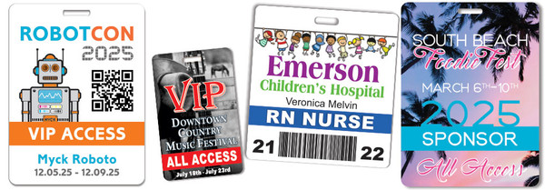 Custom printed plastic event and ID badges — full color PVC badges for conferences, trade shows, and events with barcode and QR code options, credit card size, made in USA