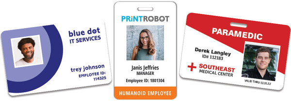 Custom plastic photo ID cards — employee and member identification cards with photo personalization, name, and ID number printed on 30 mil PVC, full color, made in USA