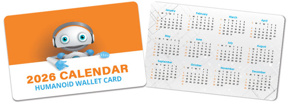 Custom 2026 plastic wallet calendar cards — credit card size PVC calendar cards with full year monthly grid, business promotional giveaway, made in USA