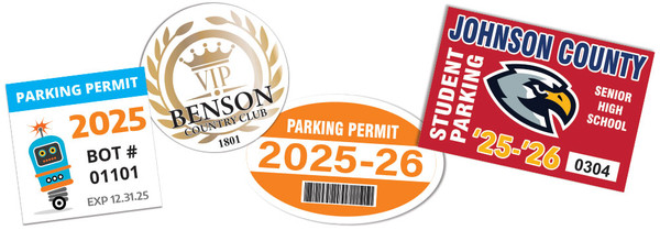 Custom parking permit clings — removable static cling window stickers in multiple shapes and colors for residential, campus, and commercial parking programs, made in USA
