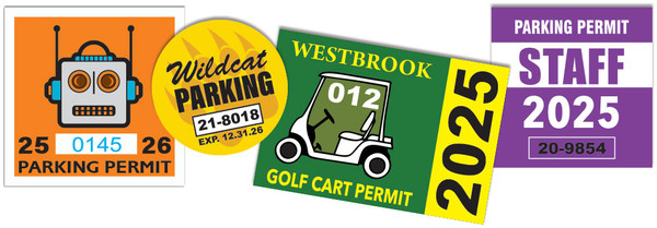 Custom parking permit decals for 2026 — full color printed vinyl stickers for staff, student, and resident parking programs, sequential numbering available, made in USA