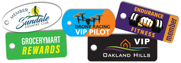 Custom printed plastic key tags — multiple shapes and colors, full color PVC key fobs for loyalty rewards, VIP programs, and membership cards, barcode compatible, made in USA