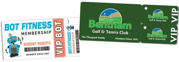 Custom plastic membership card and key tag combo set — matching printed PVC member card and key fob with barcode, full color branded design, made in USA