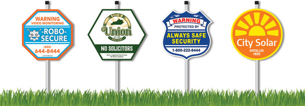 Custom small yard signs for security and neighborhood branding — full color printed plastic signs on wire stakes, multiple designs, made in USA