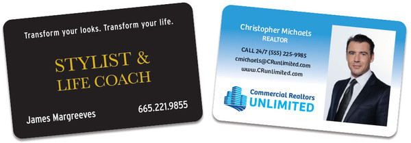 Custom printed plastic business cards — full color PVC, real estate and professional business card designs, credit card size 30 mil, made in USA
