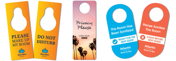 Custom printed plastic door hangers — full color PVC door hangers in multiple designs for hotels, spas, and hospitality businesses, made in USA