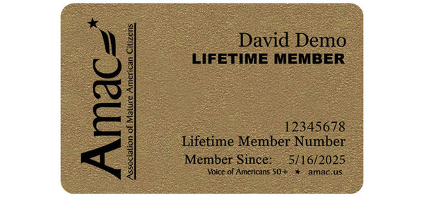 AMAC lifetime member plastic card — gold metallic finish with member name, member number, and lifetime membership tier personalization, custom printed 30 mil PVC