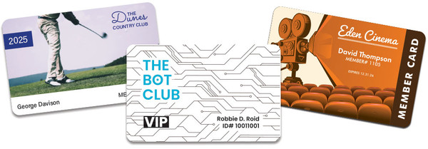 Custom printed plastic membership cards — 30 mil PVC, credit card size, gloss or matte finish, personalization available, made in USA
