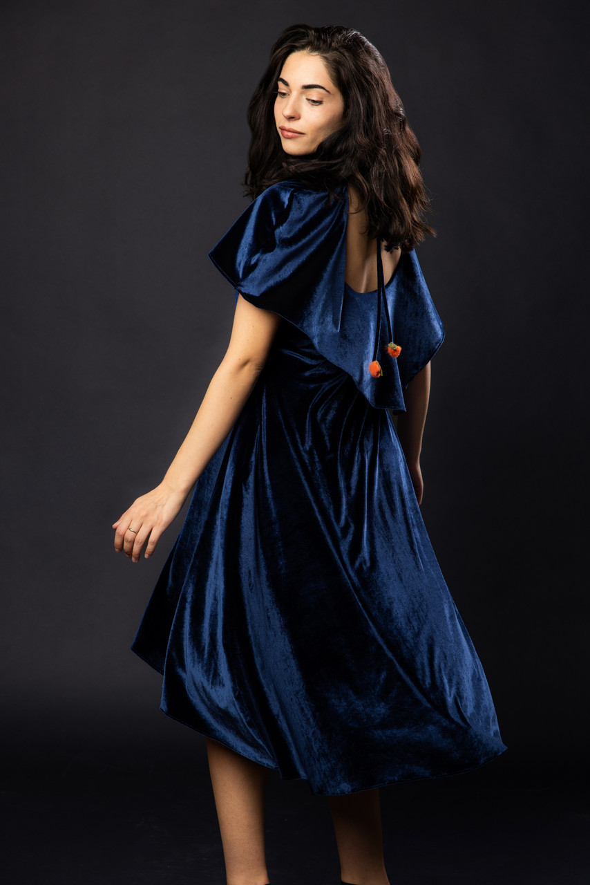 Velvet Cape Dress with Hand Embroidered Fur Flowers