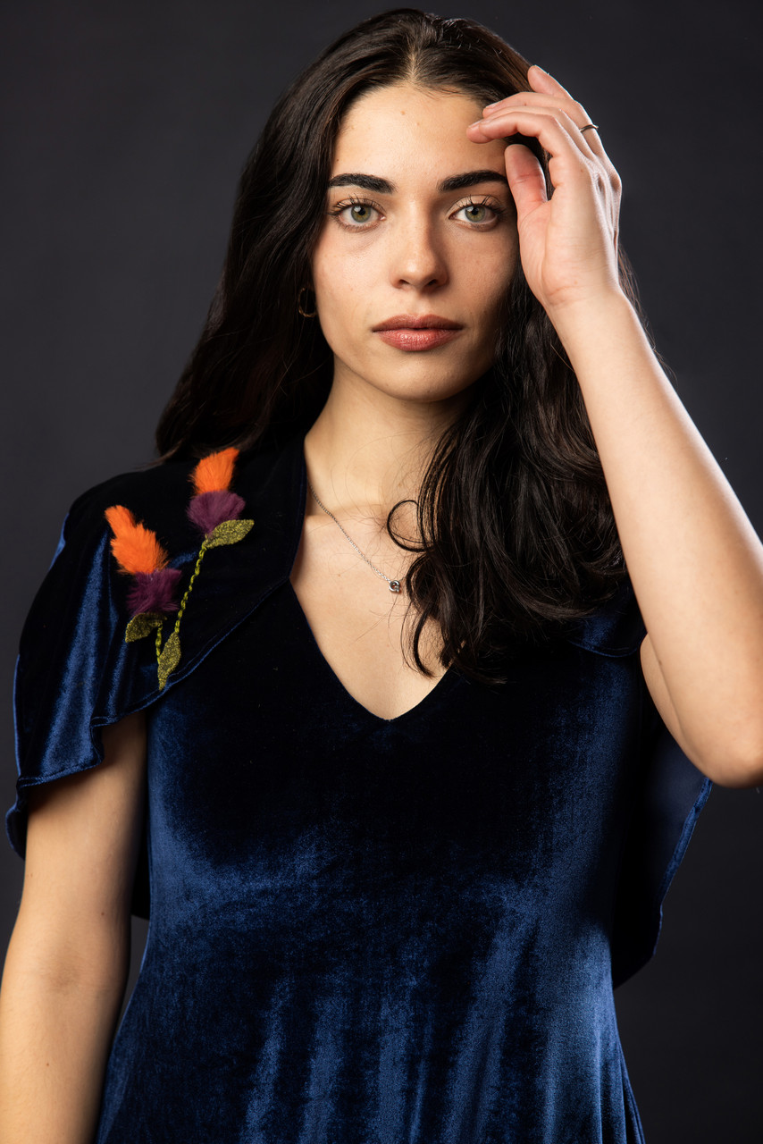 Velvet Cape Dress with Hand Embroidered Fur Flowers Small