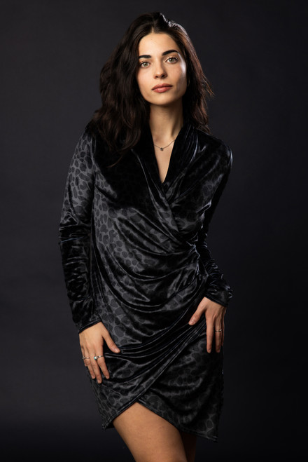 Faux Wrap Velvet Black Leopard Dress