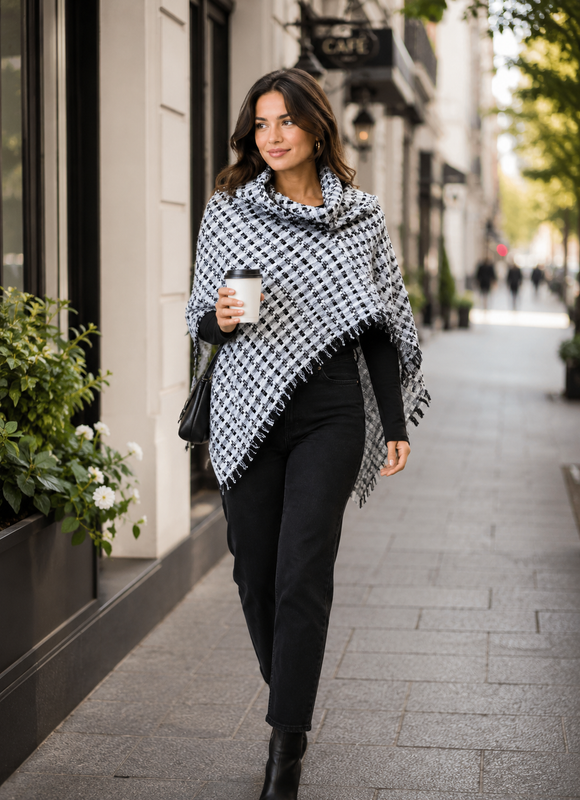 Black & White Designer Tweed Blanket Scarf with Kilt Pin