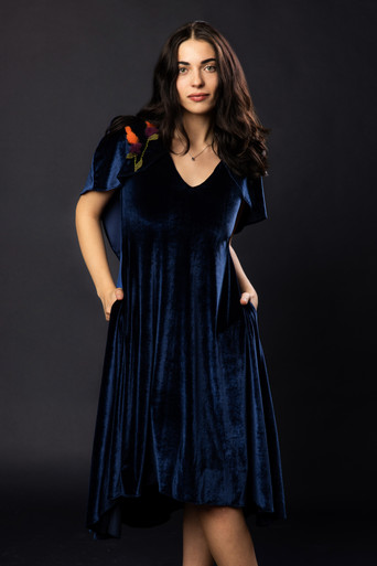 Velvet Cape Dress with Hand Embroidered Fur Flowers