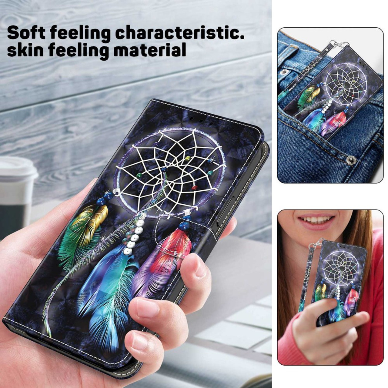 3D Pattern Printing Drop-proof Leather Wallet Stand Phone Shell