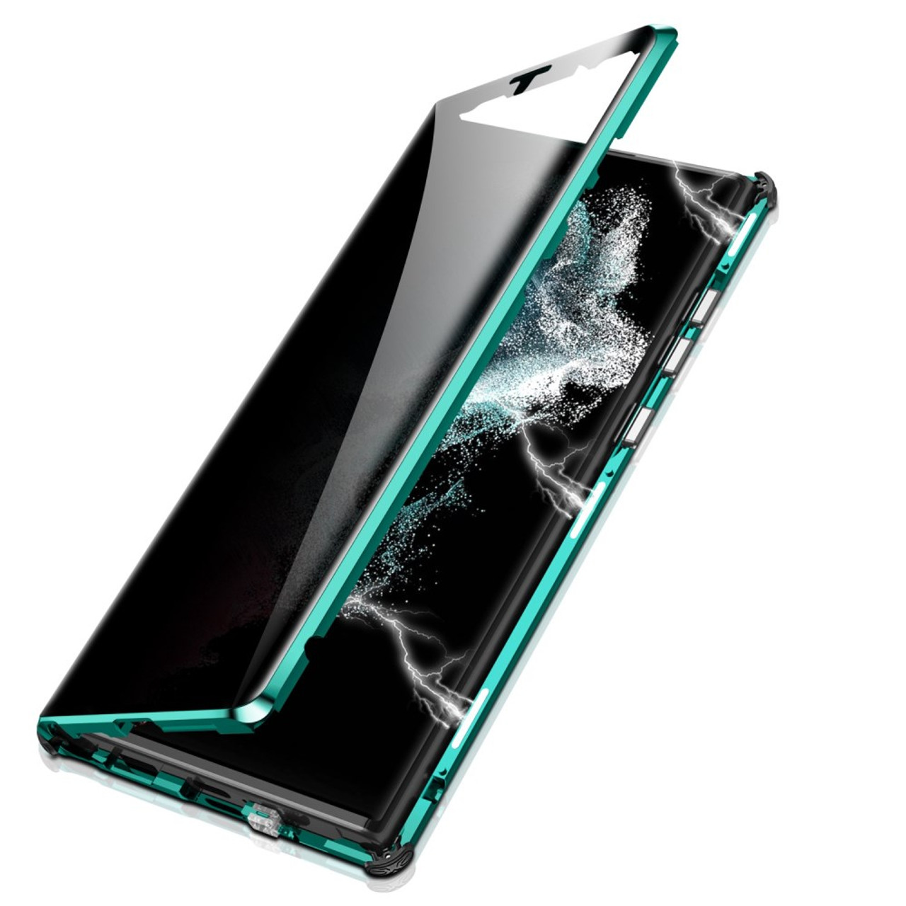 For Samsung Galaxy S22 Ultra 5G Anti Peeping Safety Buckle Phone Case Double -sided Protection Tempered Glass + Metal Bumper Frame Magnetic Adsorption  Cover - Green - Snatcher