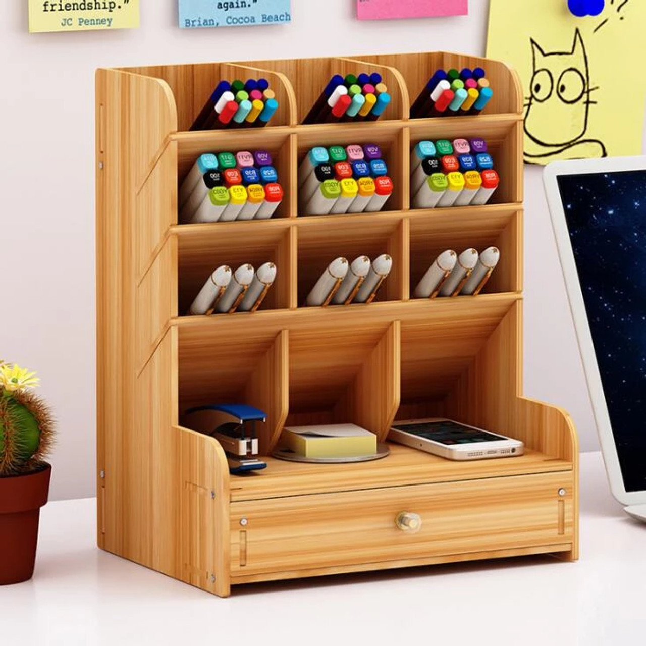 Desk Organiser, Large Desktop Organizer Wooden with Drawer Pen Pencil Holder