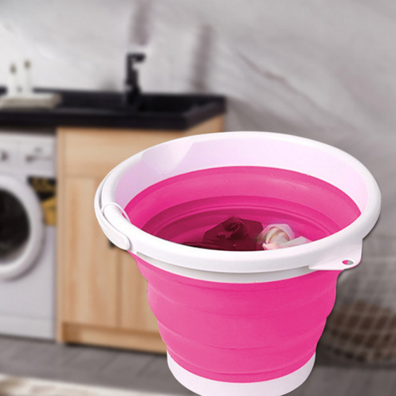 Mini Portable Washing Machine - Small Foldable Bucket Washer for Clothes- for Camping, RV, Travel, Small Spaces. (Pink)