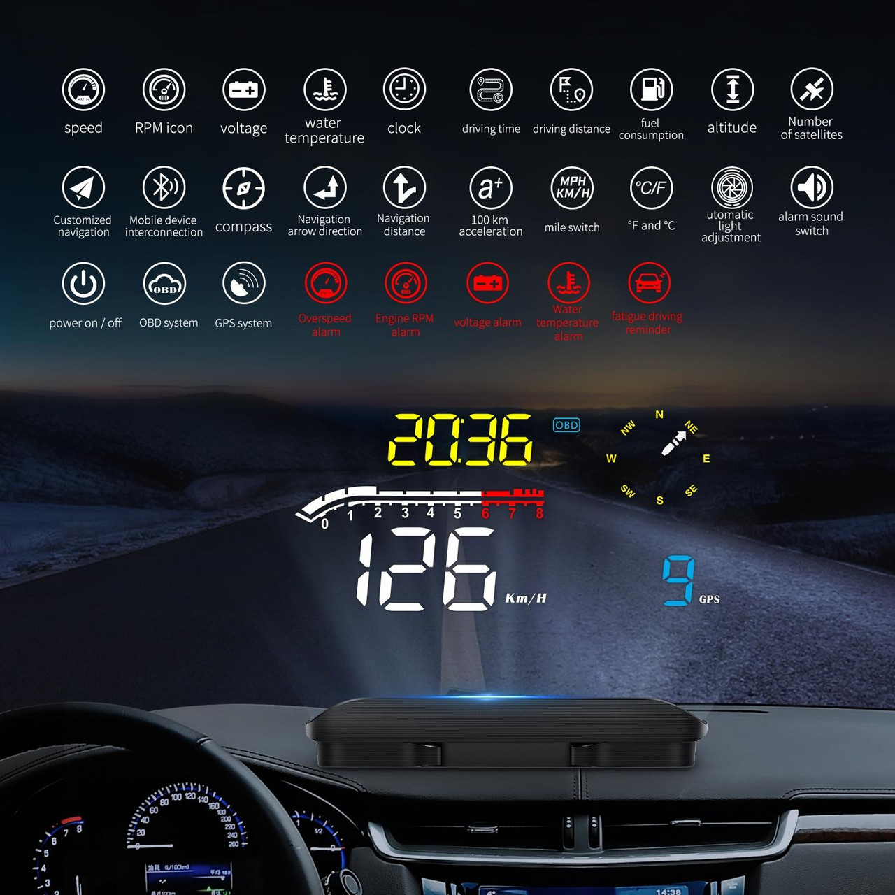 D1 Car OBD2 HUD Head-up Display GPS Speed Meter Speed / Voltage / Water  Temperature Speed Alarm, snatcher