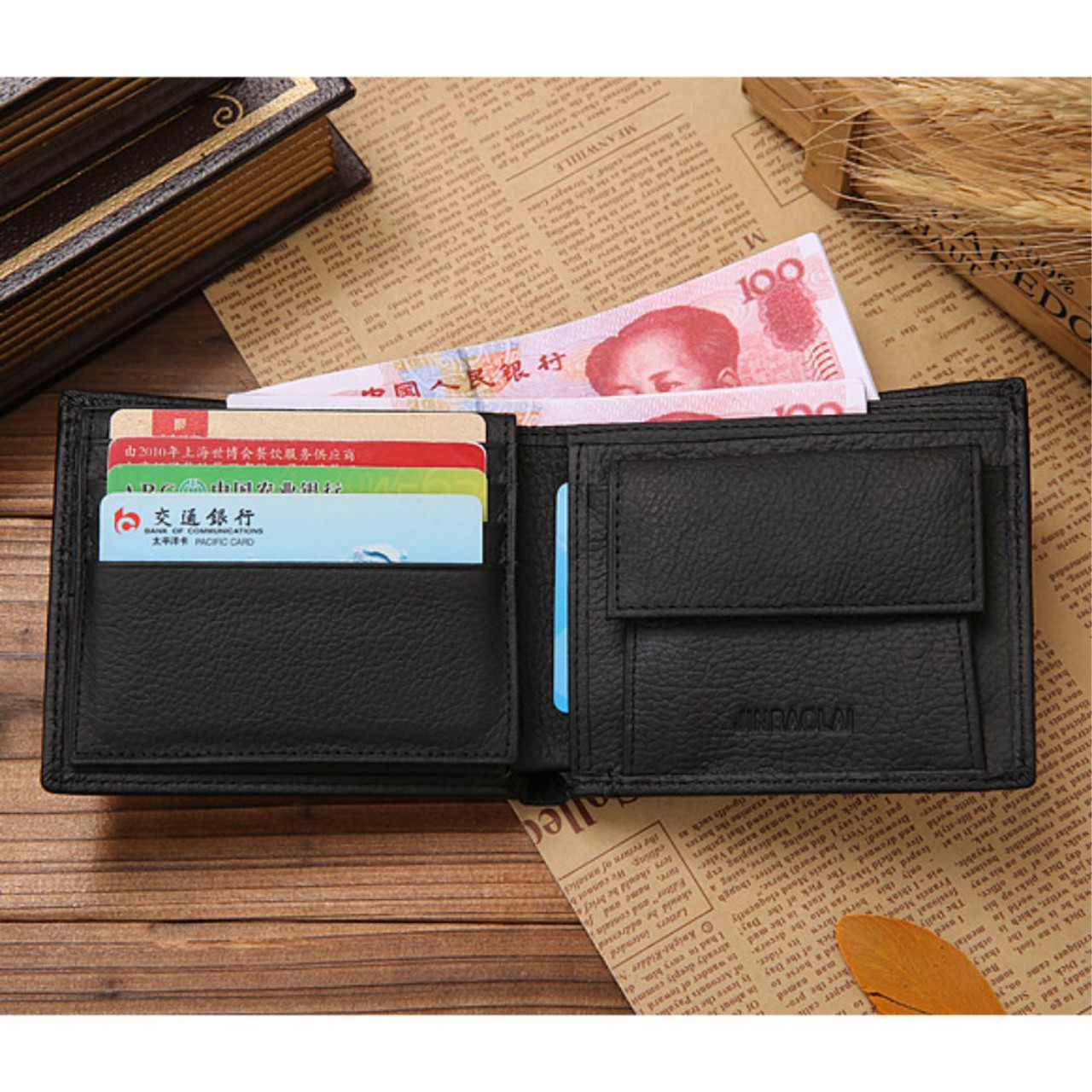 JINBAOLAI Top Layer Cowhide Leather Card Slots Bi fold Wallet Coin