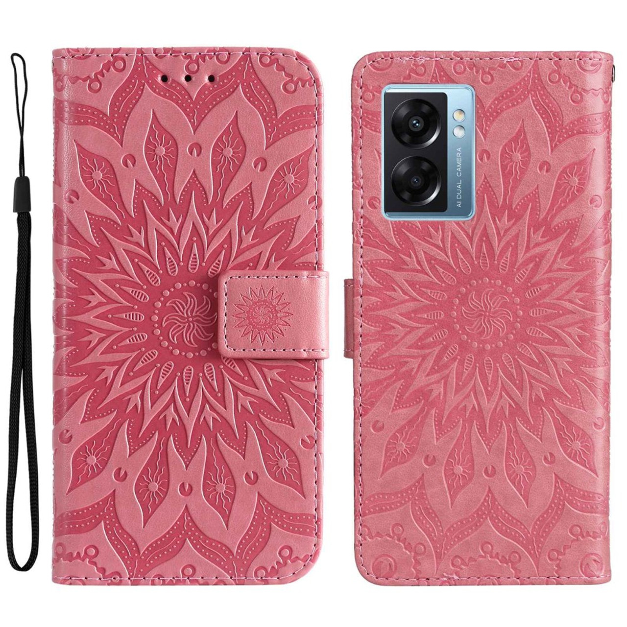 KT Imprinting Flower Series-1 for Oppo A57 (2022) 5G / A77 5G / Realme V23  4G Flip Wallet Case Stand Sunflower Imprinted PU Leather Anti-wear Phone  Cover with Strap - Pink - Snatcher
