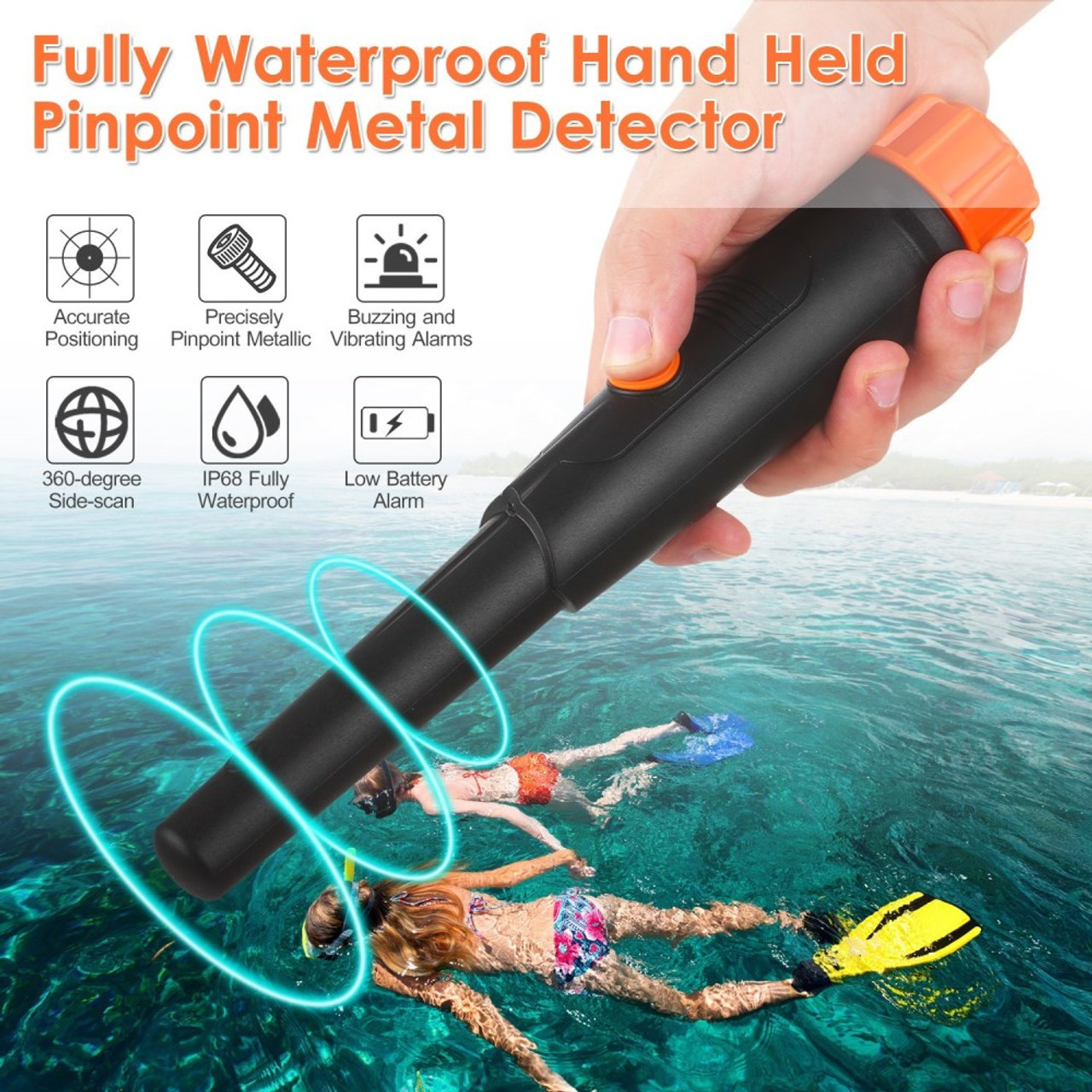 Pinpoint Metal Detector Pinpointer - Fully Waterproof with Orange Color  Include a 9V Battery 360 Search Treasure Pinpointing Finder Probe with Belt