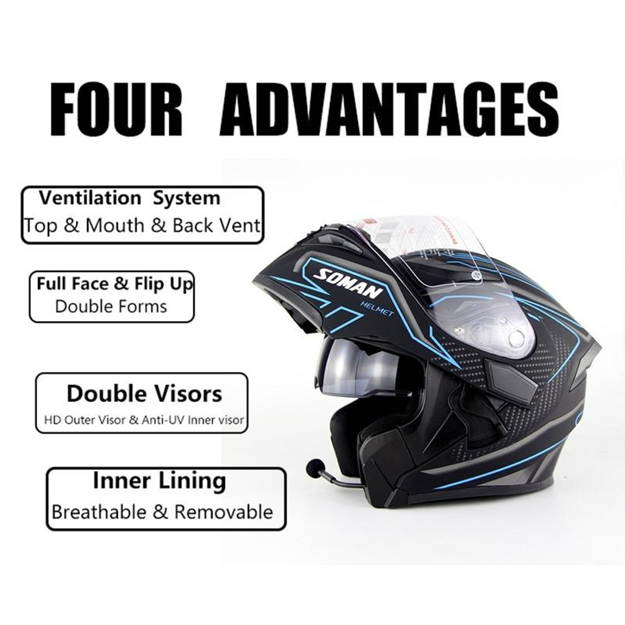 Soman 955 Skyeye Motorcycle Full Open Face Bluetooth Helmet