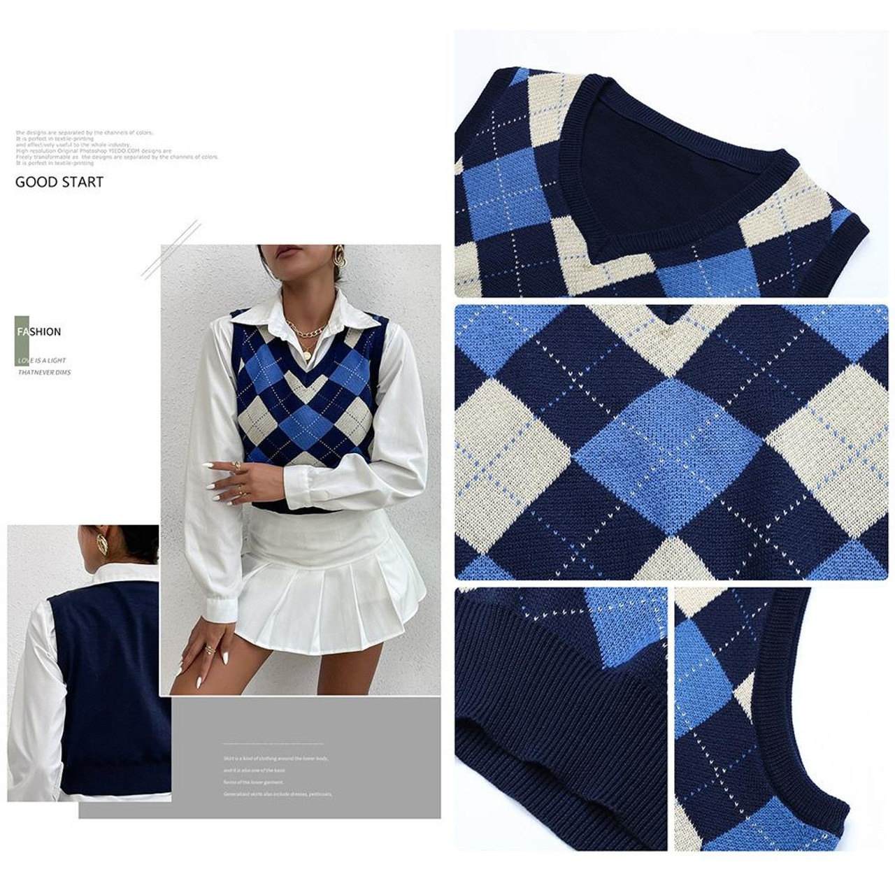 Crop Sweater Vest - Dark blue/argyle pattern - Ladies