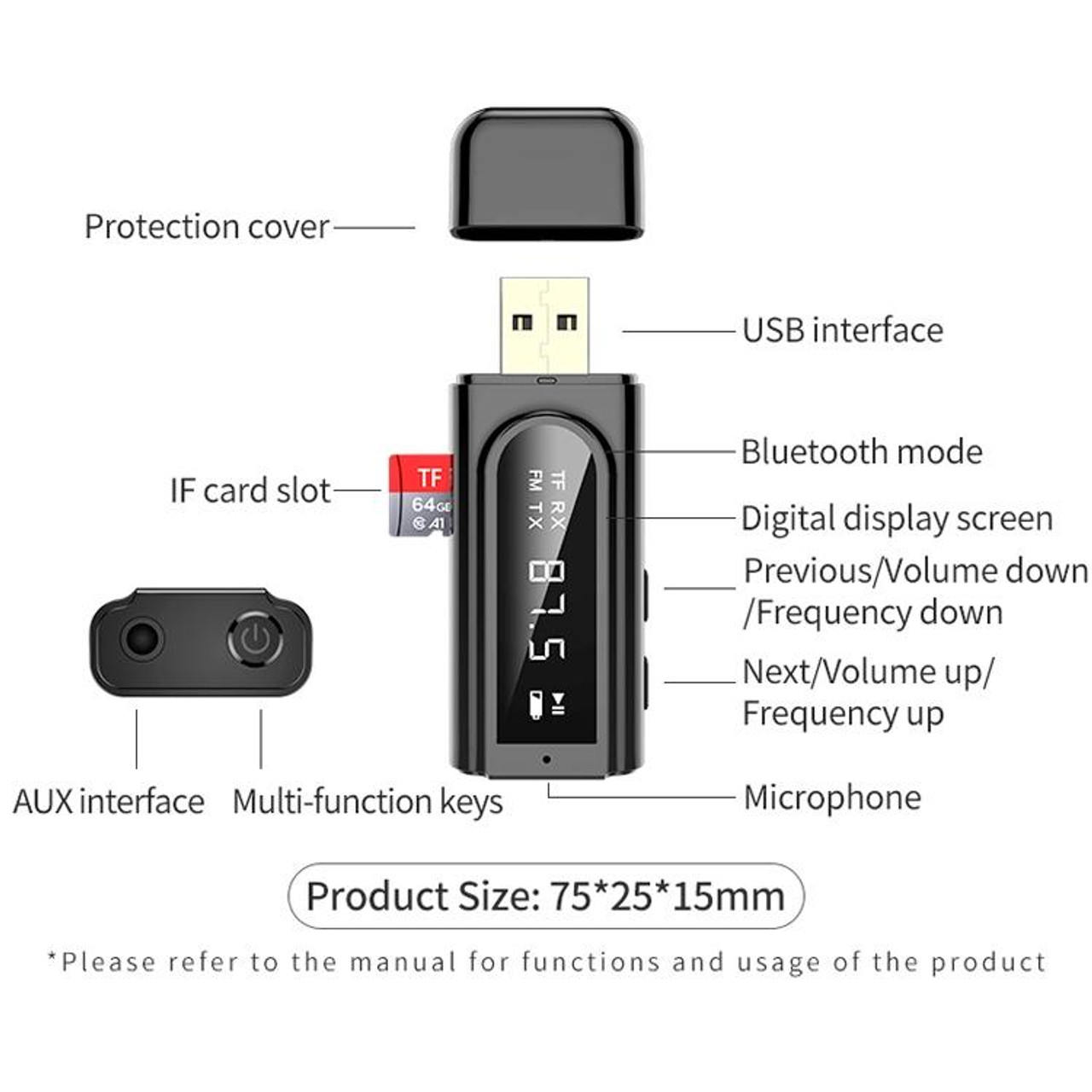 K9 USB Car Bluetooth 5.0 Adapter Receiver FM + AUX Audio Dual Output Stereo  Transmitter (Black), snatcher