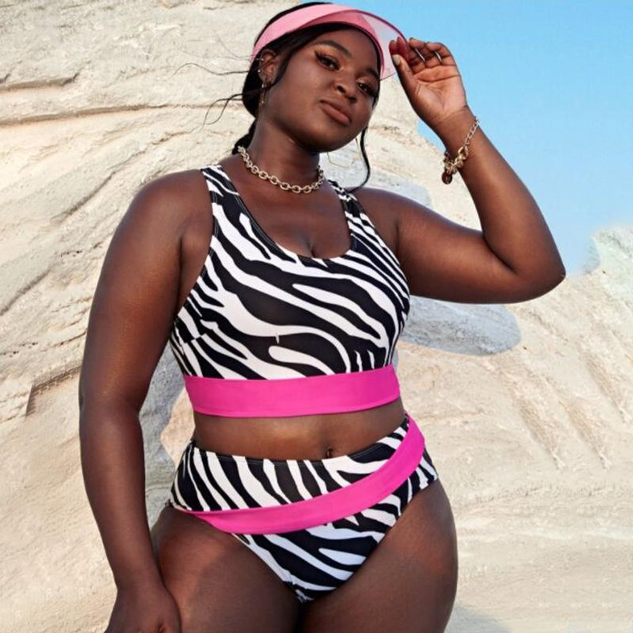 2PCS Women Plus Size Bandage Printing Padded Bra Bikini Split Body Swimsuit  Beachwear