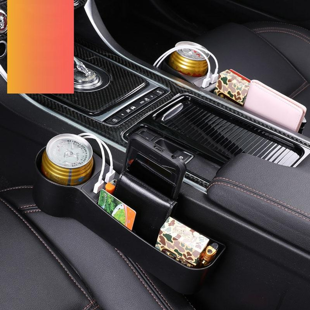 Dual Usb Charger Pu Leather Multifunctional Car Storage Box Seat Gap Filler  Organizer with Cup Rack Interior Decoration