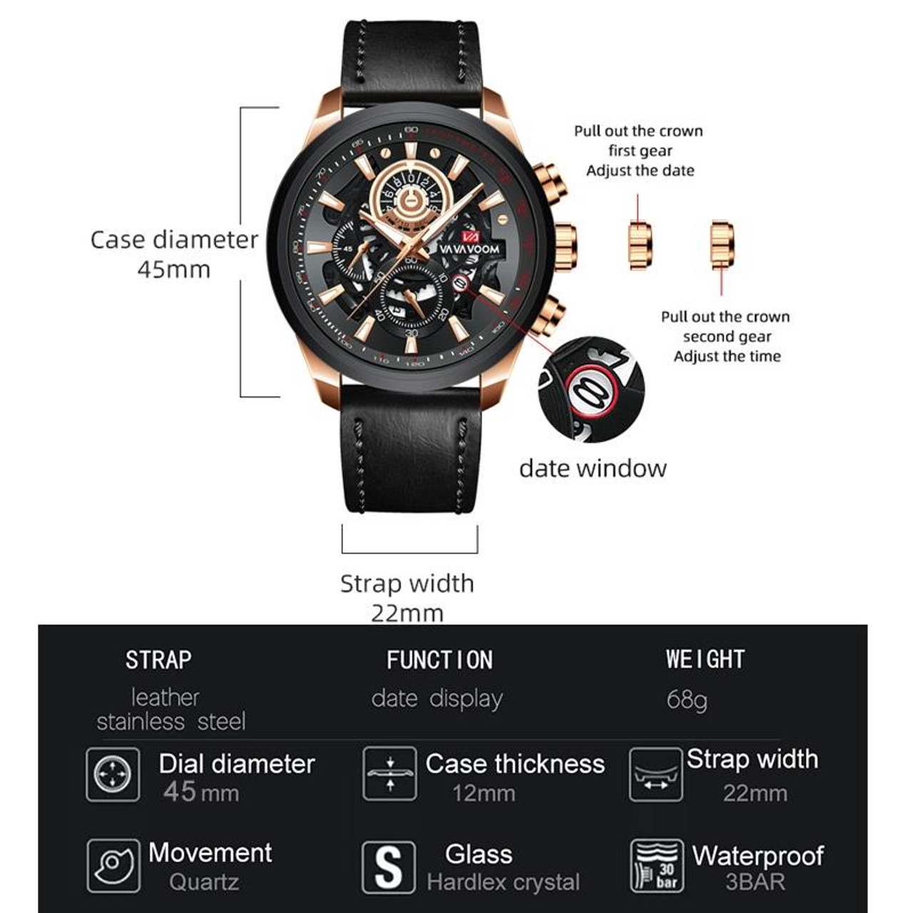 VAVA VOOM 2311G-FH Rose Gold Shell Steel Belt Men Waterproof Sports  Luminous Calendar Casual Quartz Hollow Watch, snatcher