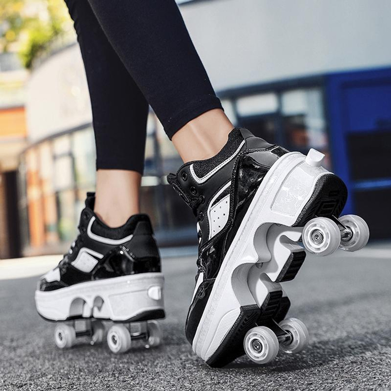 DF06 Walking Shoes Four-wheel Retractable Roller Skates, Size:34(Milky  White Black)