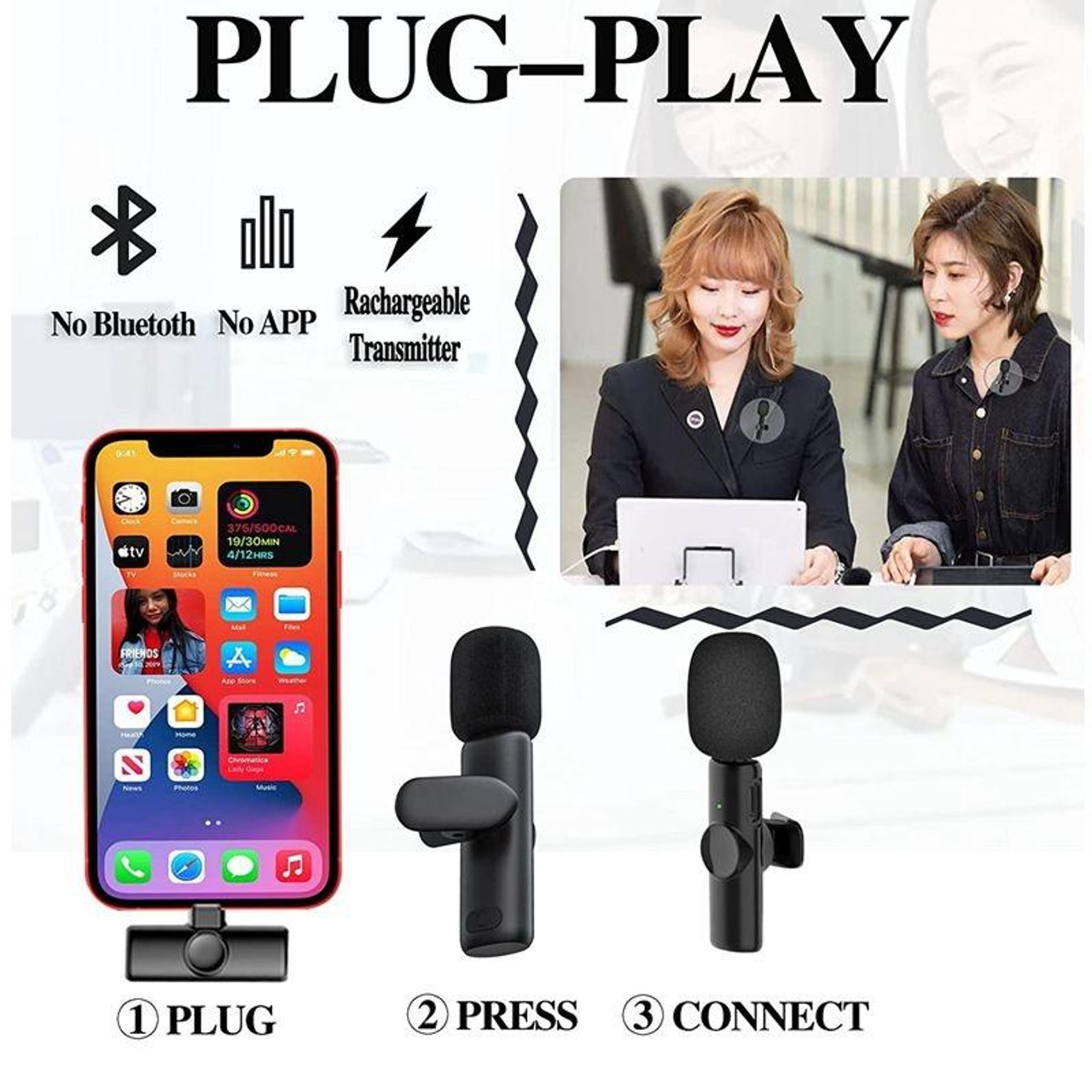 Bluetooth Mini Microphone Wireless Lavalier Noise Reduction Microphone for  iPhone / iPad, with 8 