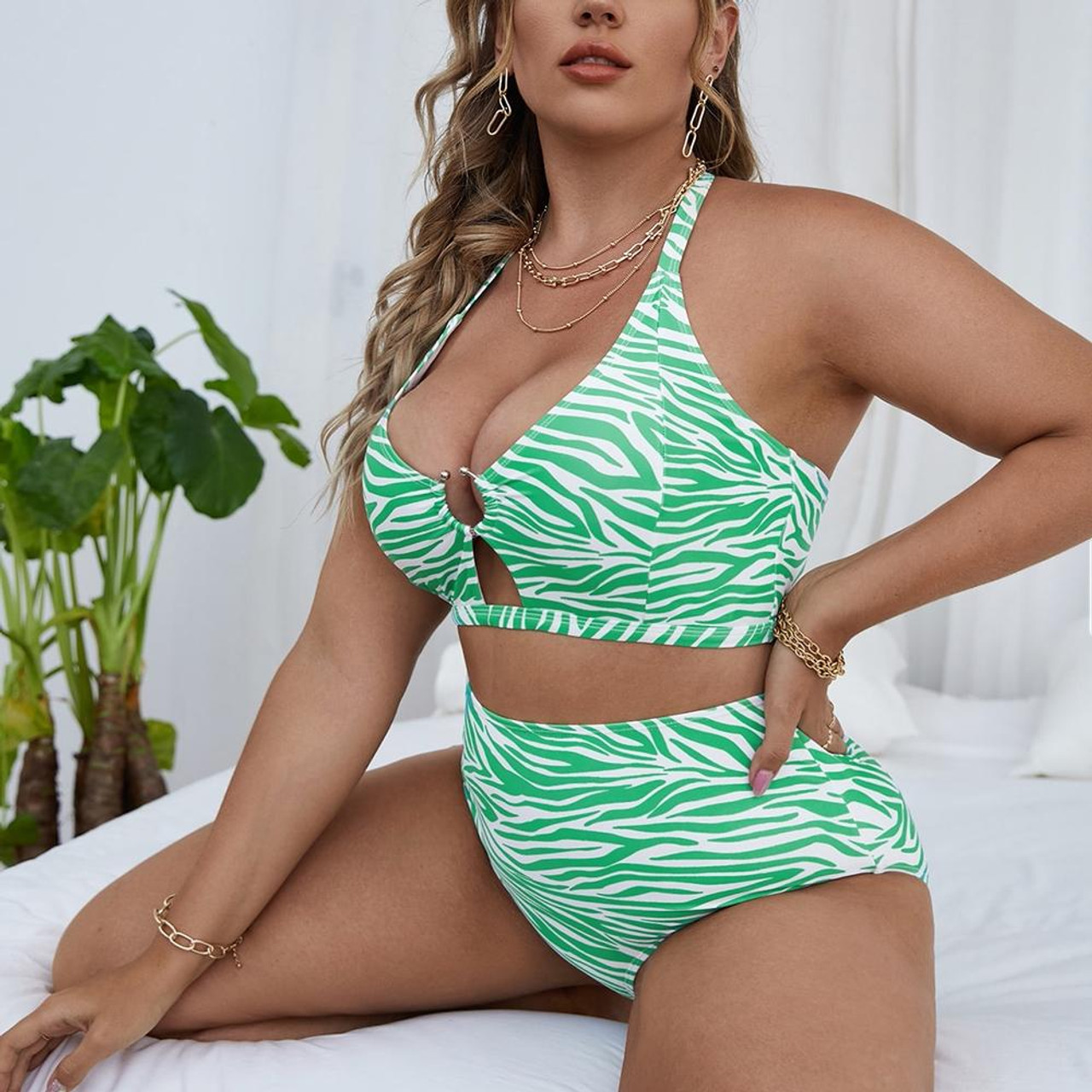 Printed Push Up Bikinis Drawstring Mesh Long Sleeve 3 Piece