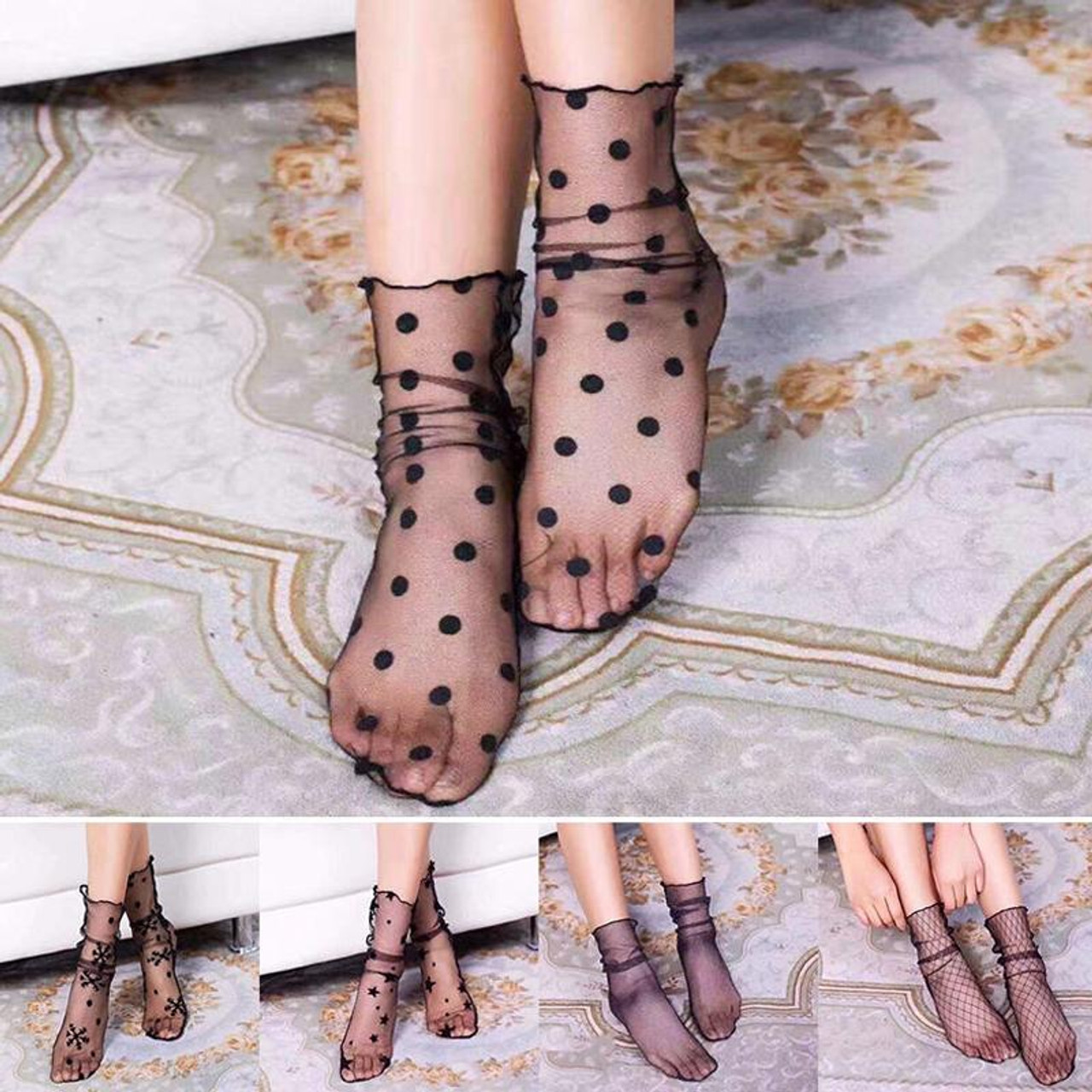 3 Pairs Lace Socks Fishnet Embroidered High Fish Women Net Socks Ankle  Short Socks Ruffle Sexy(Snowflake), snatcher