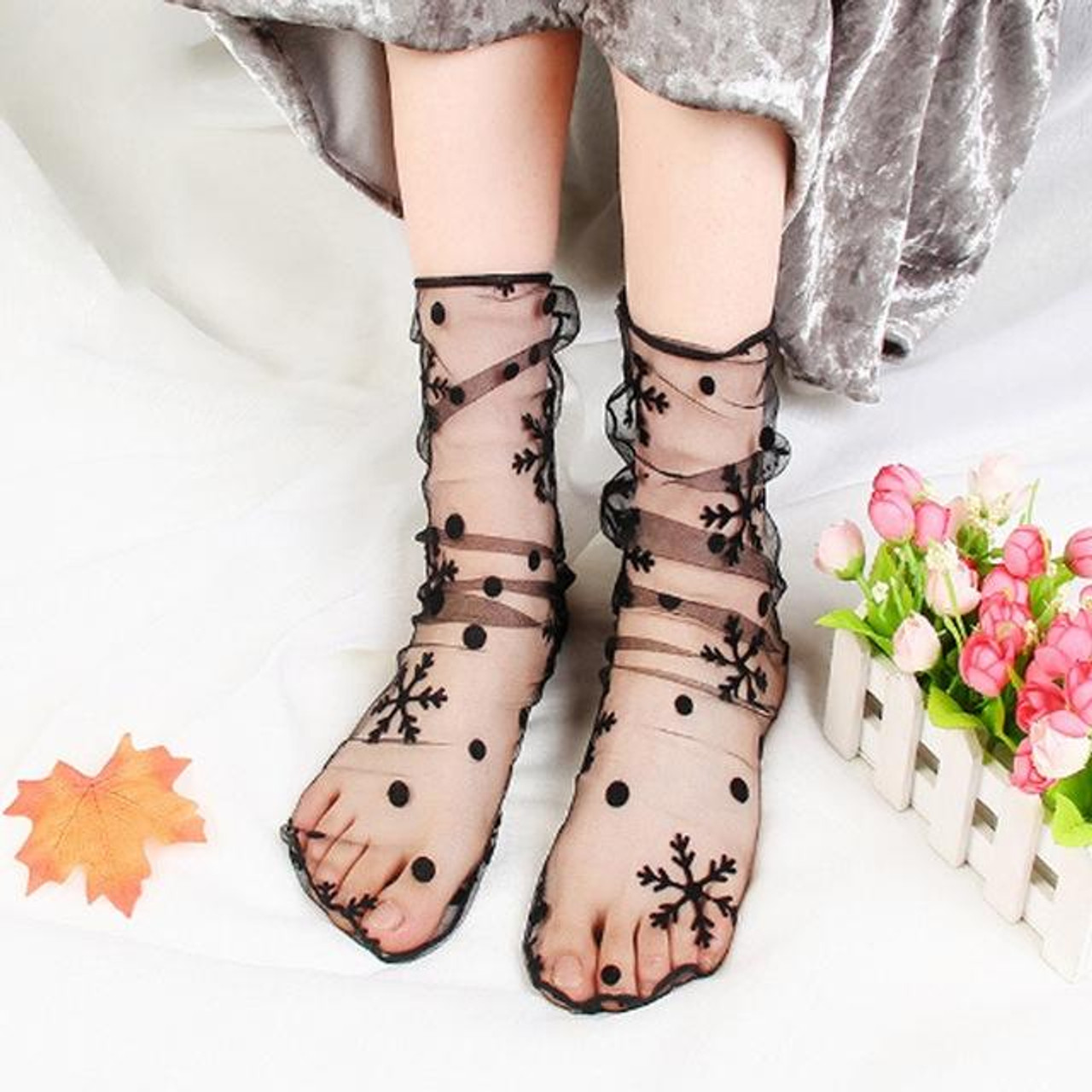 3 Pairs Lace Socks Fishnet Embroidered High Fish Women Net Socks Ankle  Short Socks Ruffle Sexy(Snowflake), snatcher