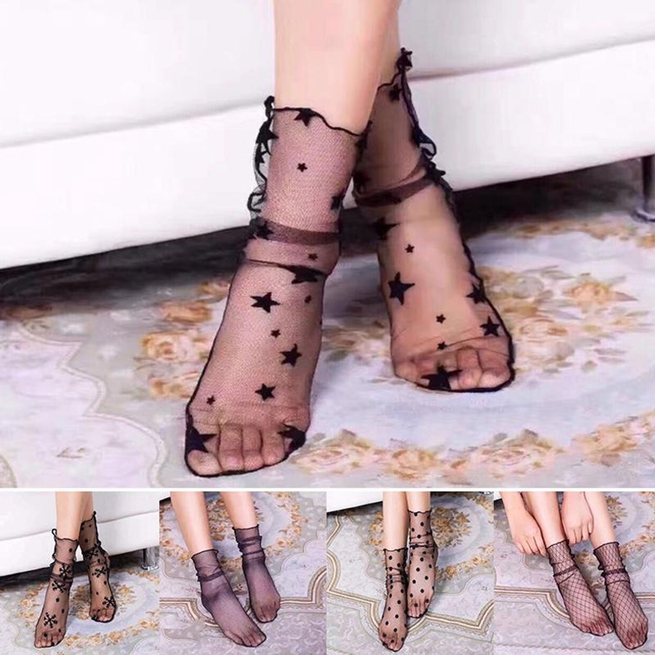 1Pair Fashion Socks Women Sexy Lace Fishnet Net Plain Top-Ankle