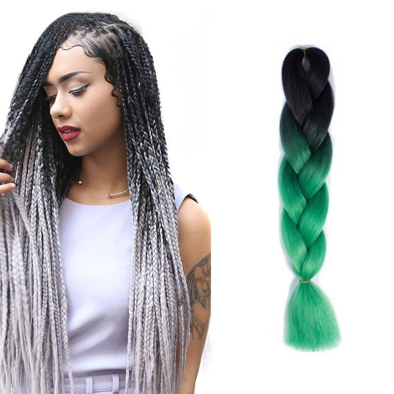 Fashion Color Gradient Individual Braid Wigs Chemical Fiber Big Braids,  Length: 60cm(12 Black+Dark Green), snatcher