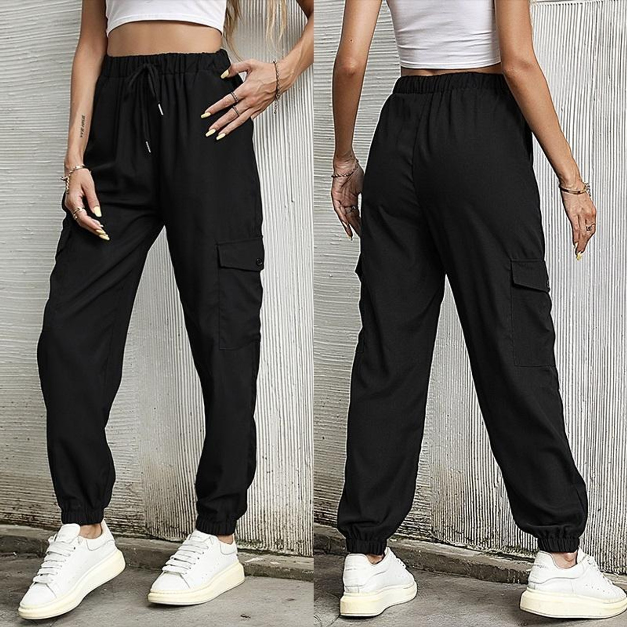 Women Solid Color Casual Pants (Color:Black Size:XL), snatcher